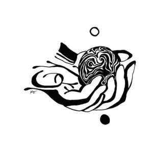 Art print for home decor of a black and white abstract line drawing of an image of hands holding a trippy ball and two geometrical circles above and below the hands.